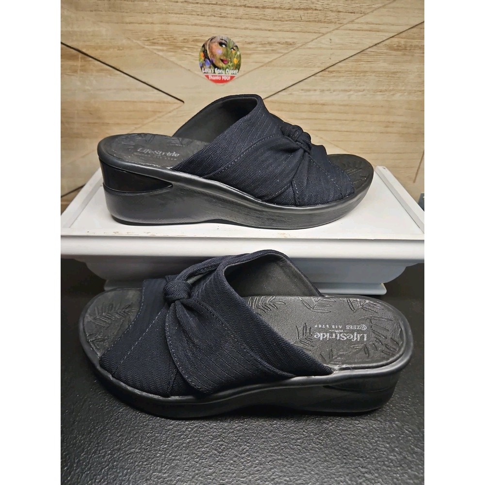 LifeStride Bzees Smile Black Wedge Sandals Sz 5.5 Knotted Comfort Slide #737